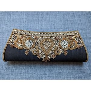 Festive beaded clutch/ wristlet in black raw silk